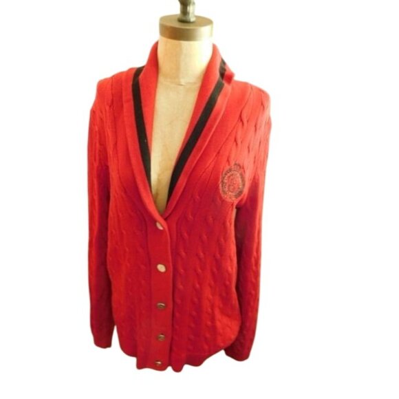 Ralph Lauren Size XL Red Black Cableknit Cardigan Sweater - Picture 1 of 3